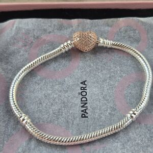 Pandora Silver Bracelet with Rose Gold Heart Clasp